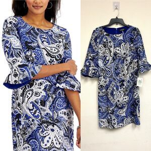 Kasper Dress Size 8 Blue White Paisley Printed Ruffle Sleeve Sheath Dress New